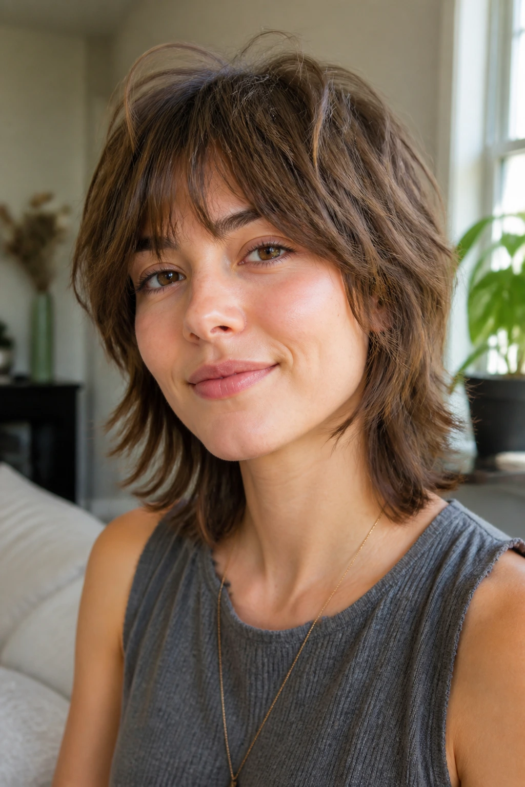 Portrait of a real person with a softly disconnected shag showing airy, readable layers.