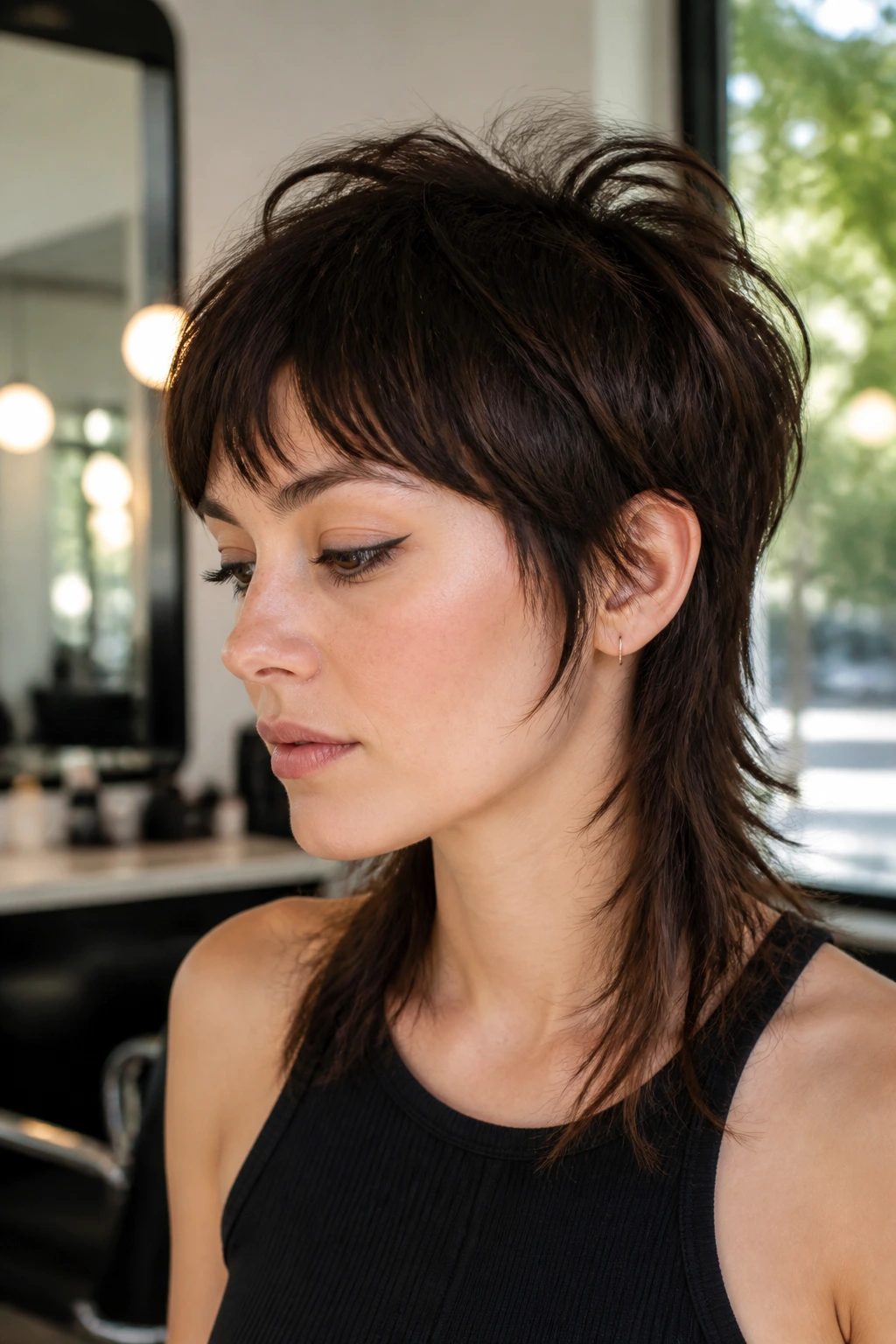 Portrait of a real woman with disconnected shag mullet in salon light