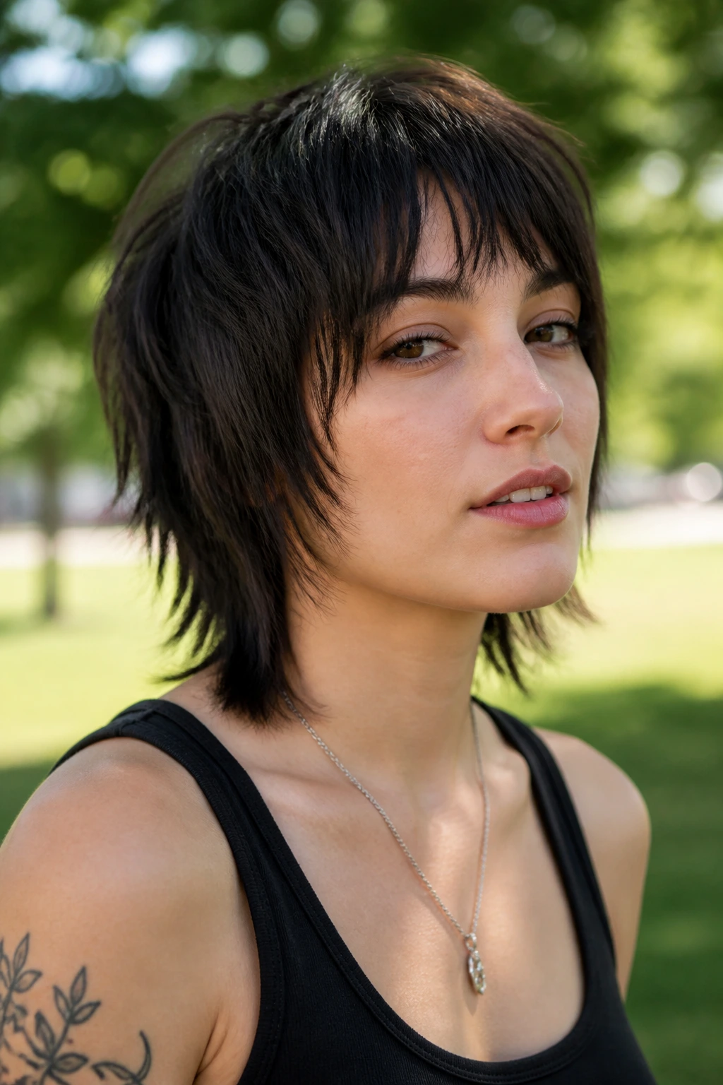 Real person with disconnected shag and understated bangs in park light.