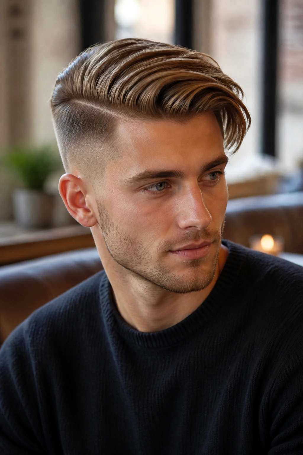 Portrait of a man with a long top swept to the side and disconnected sides