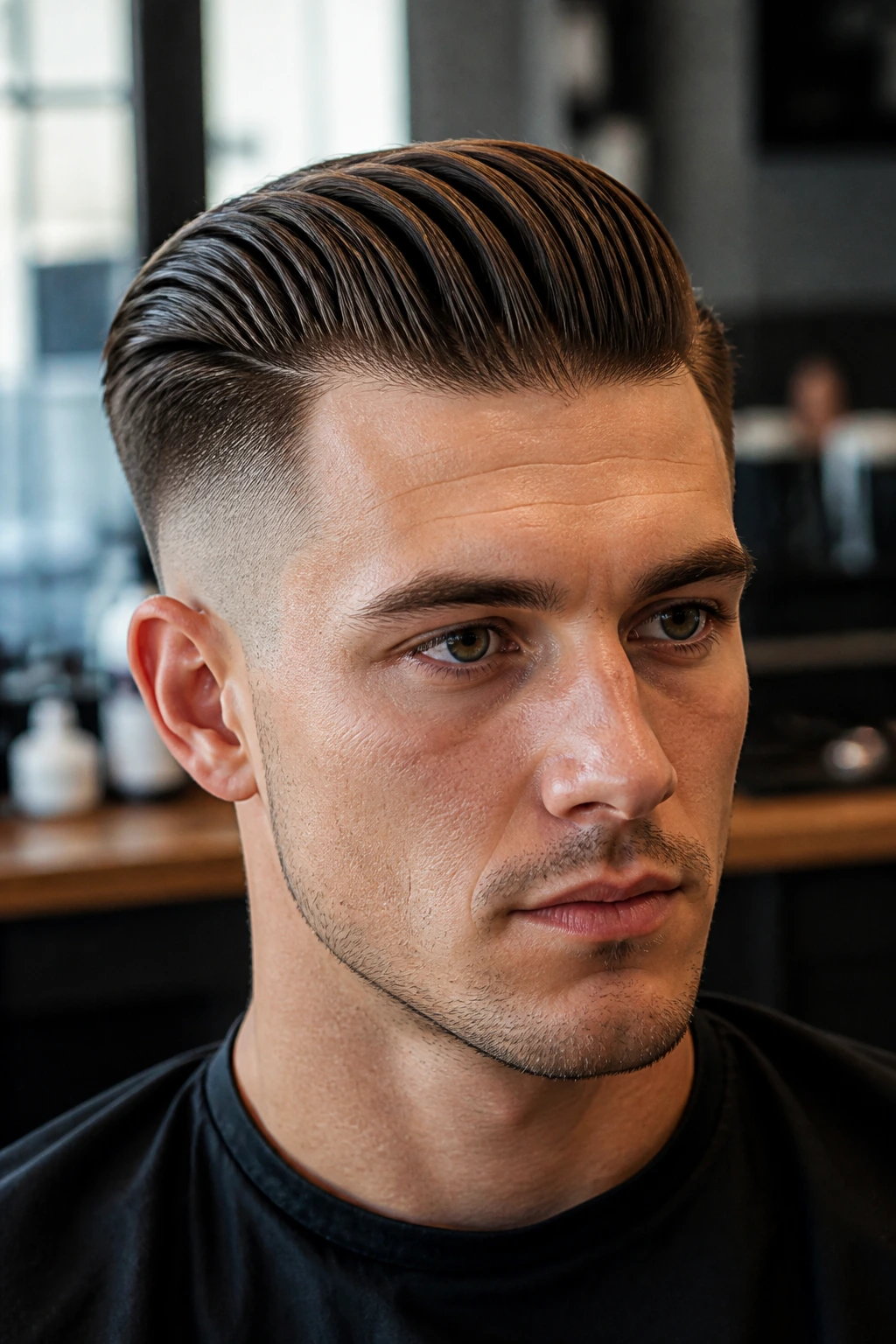 Close-up of a man with a clearly disconnected slick back hairstyle.