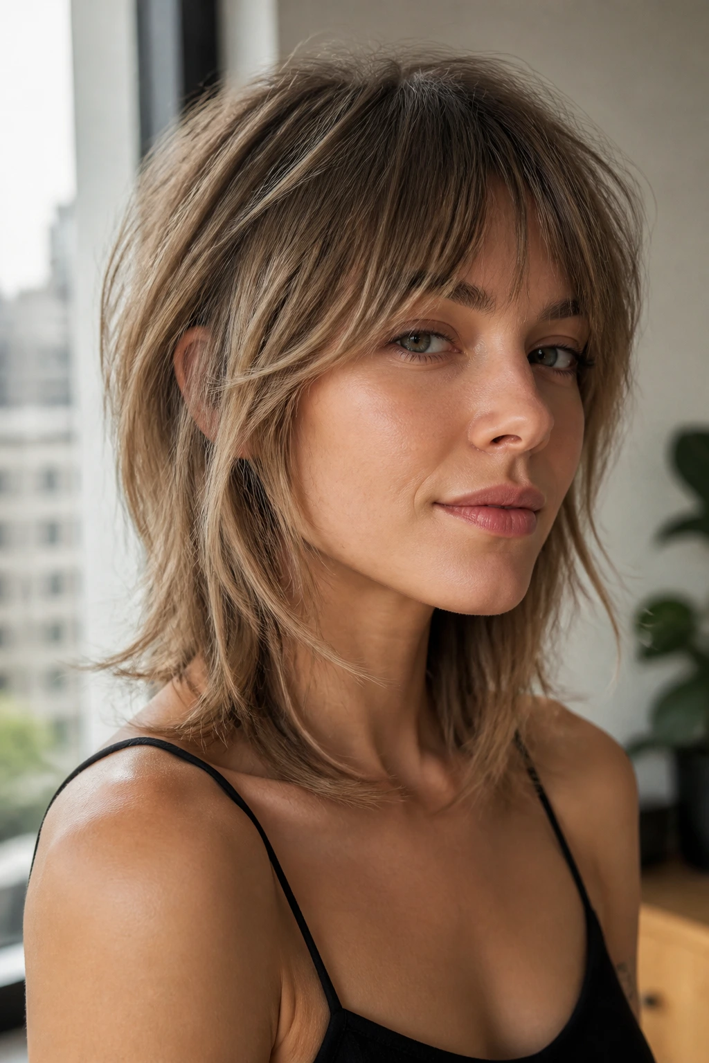 Close-up of a real woman with disconnected soft shag under window light