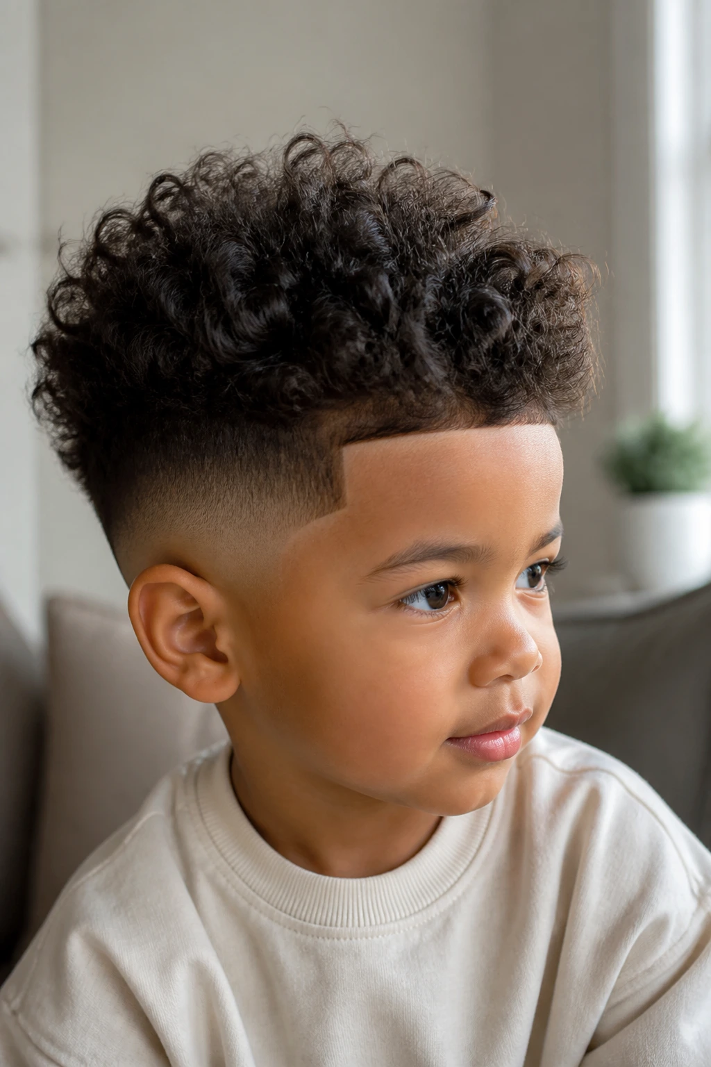 Toddler with a disconnected top curls and soft line-up in a cozy living room.