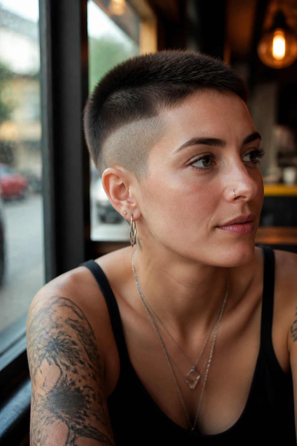 Close-up of a real woman with a disconnected undercut buzz top length vs shaved sides