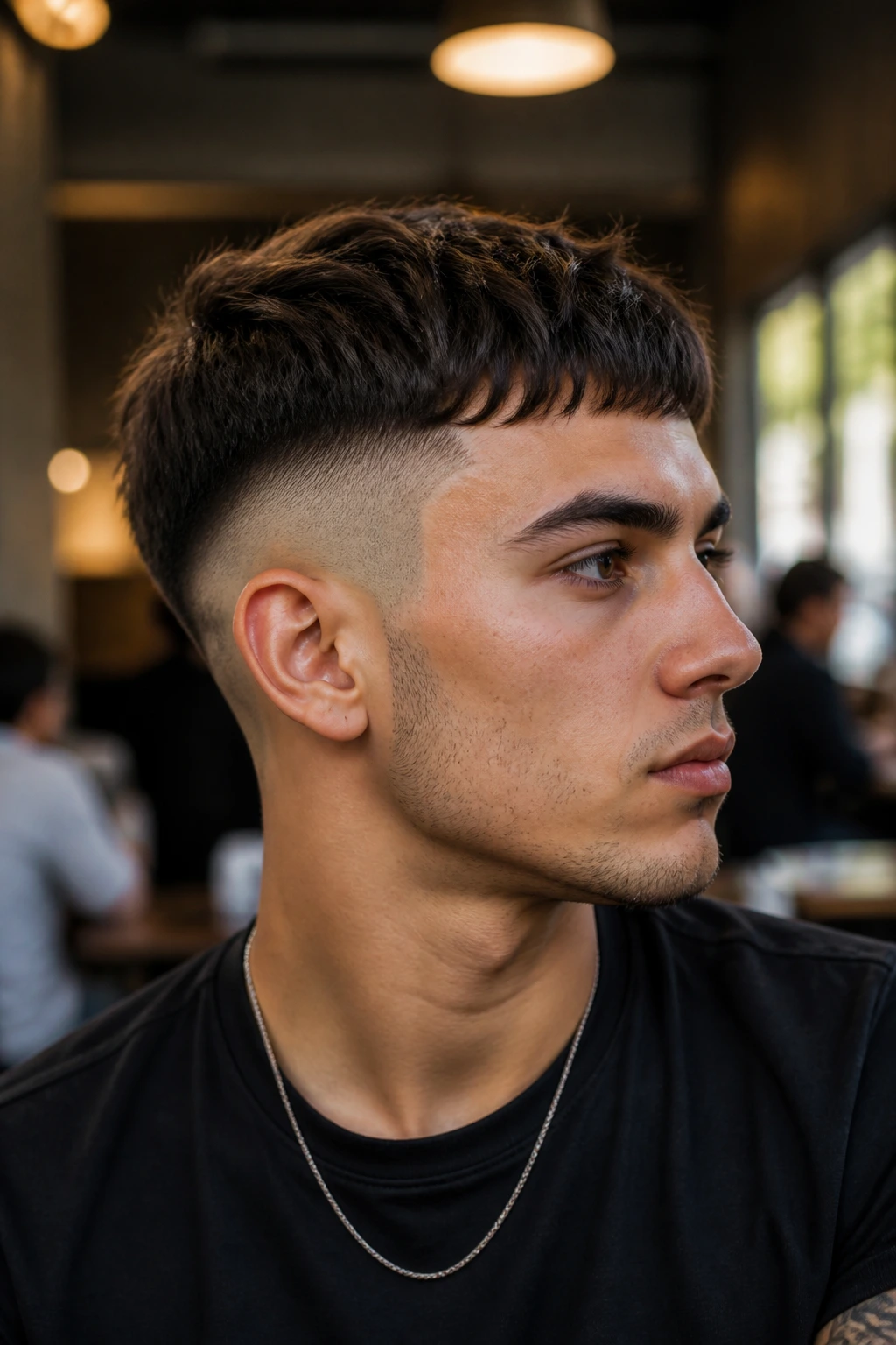 Close-up of a man with a disconnected undercut crop in a cafe