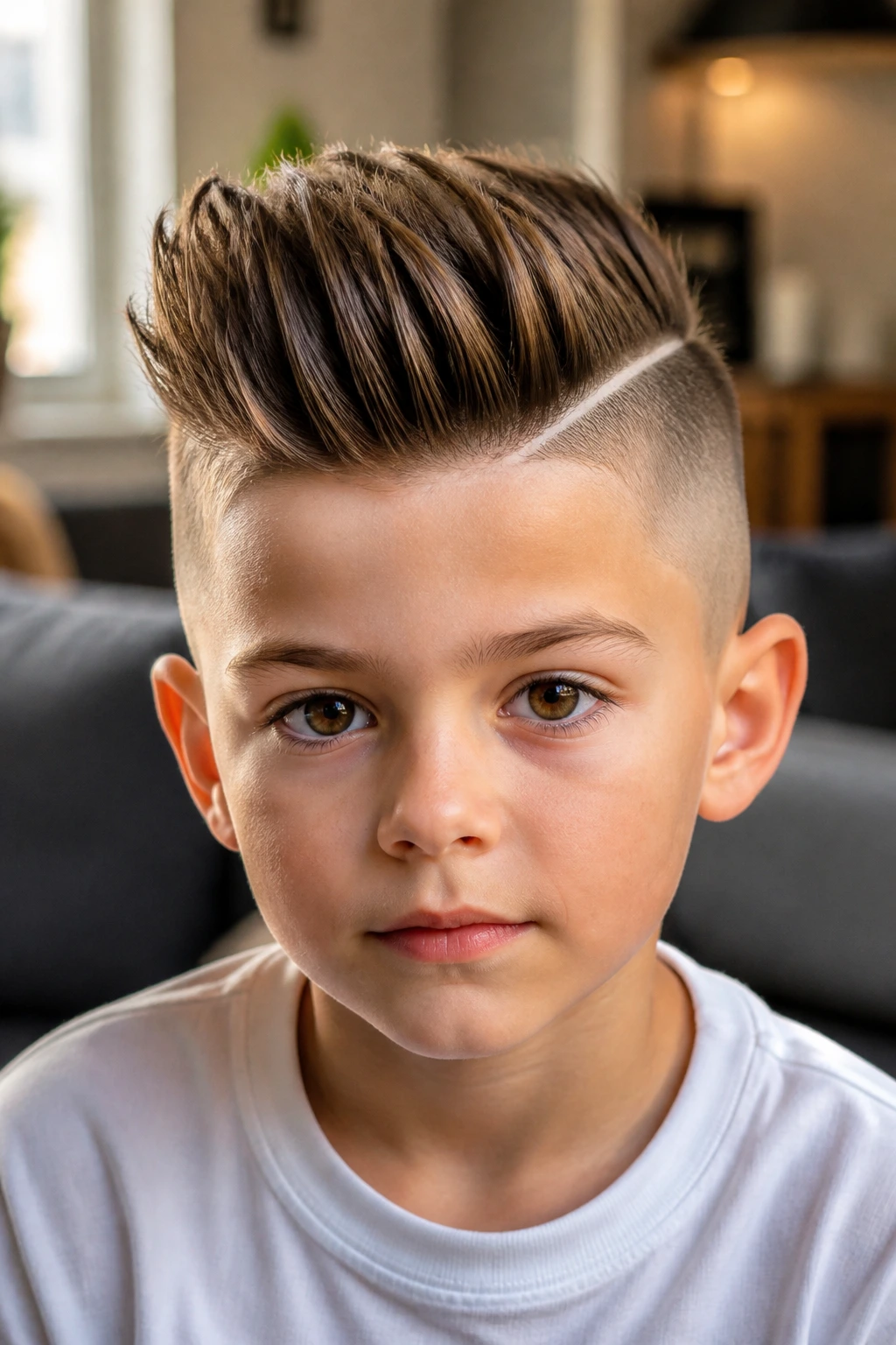 Close-up portrait of a real boy with a disconnected undercut