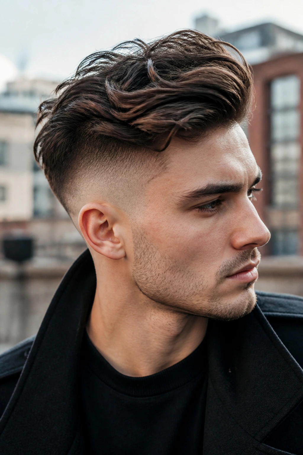 Portrait of a man with a disconnected undercut featuring a clear gap between short sides and long top.