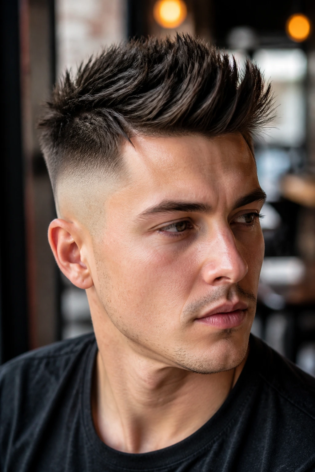 Close-up portrait of a man with a disconnected undercut spikes hairstyle
