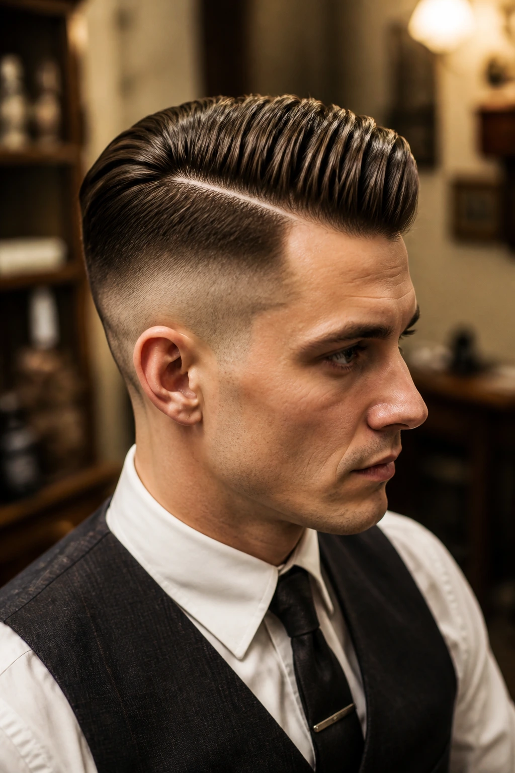 Portrait of a man with a disconnected undercut and glossy vintage finish on top.