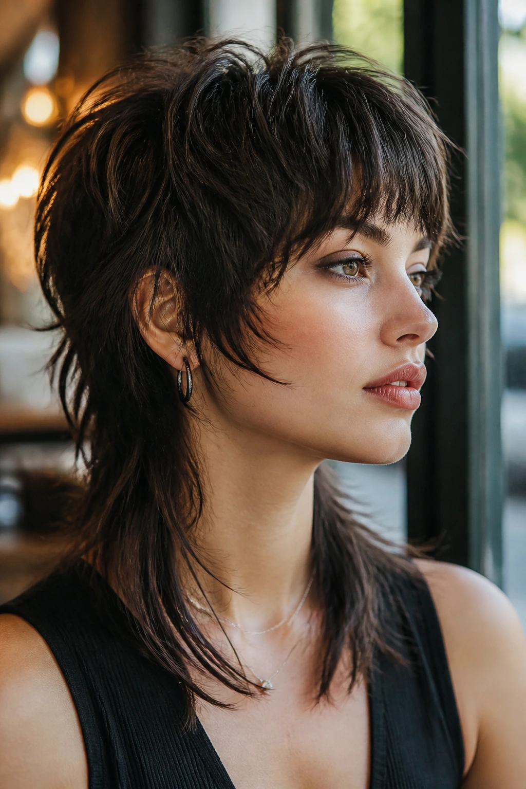 Real person with disconnected wolf cut showing top-bottom separation in urban cafe setting