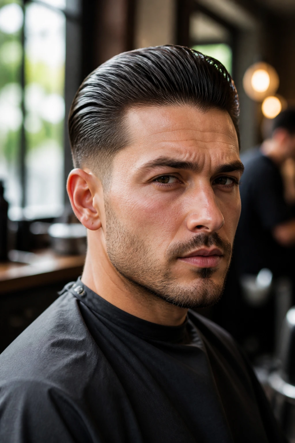 Close-up portrait showing subtle hair texture and shine in a real-world setting
