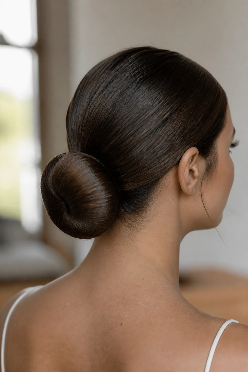 Close-up of a real woman with a smooth round low bun created with a donut base