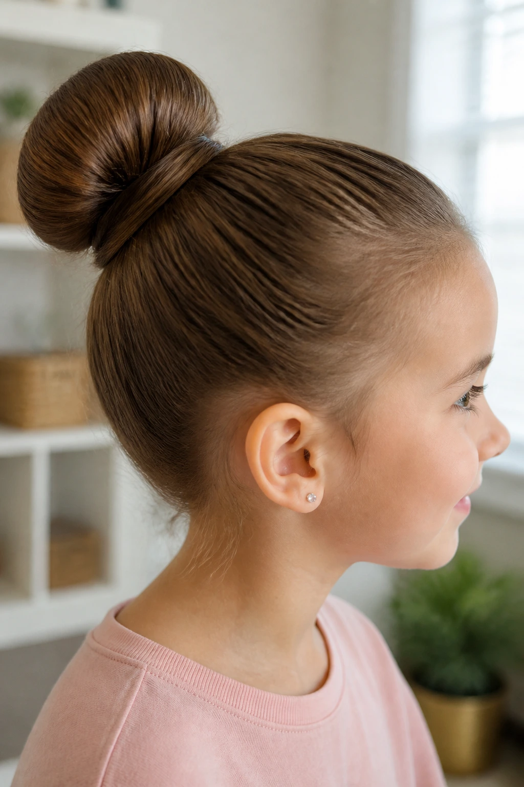 Close-up of a child with a polished donut bun at the back of the head