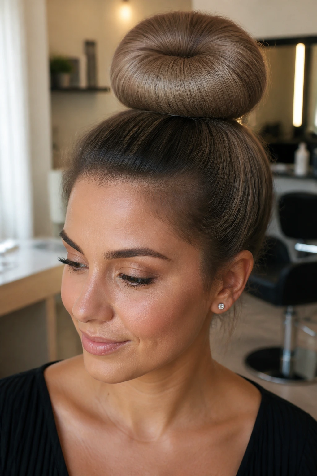 Close-up of a real woman's head with a round donut bun perched on the crown.