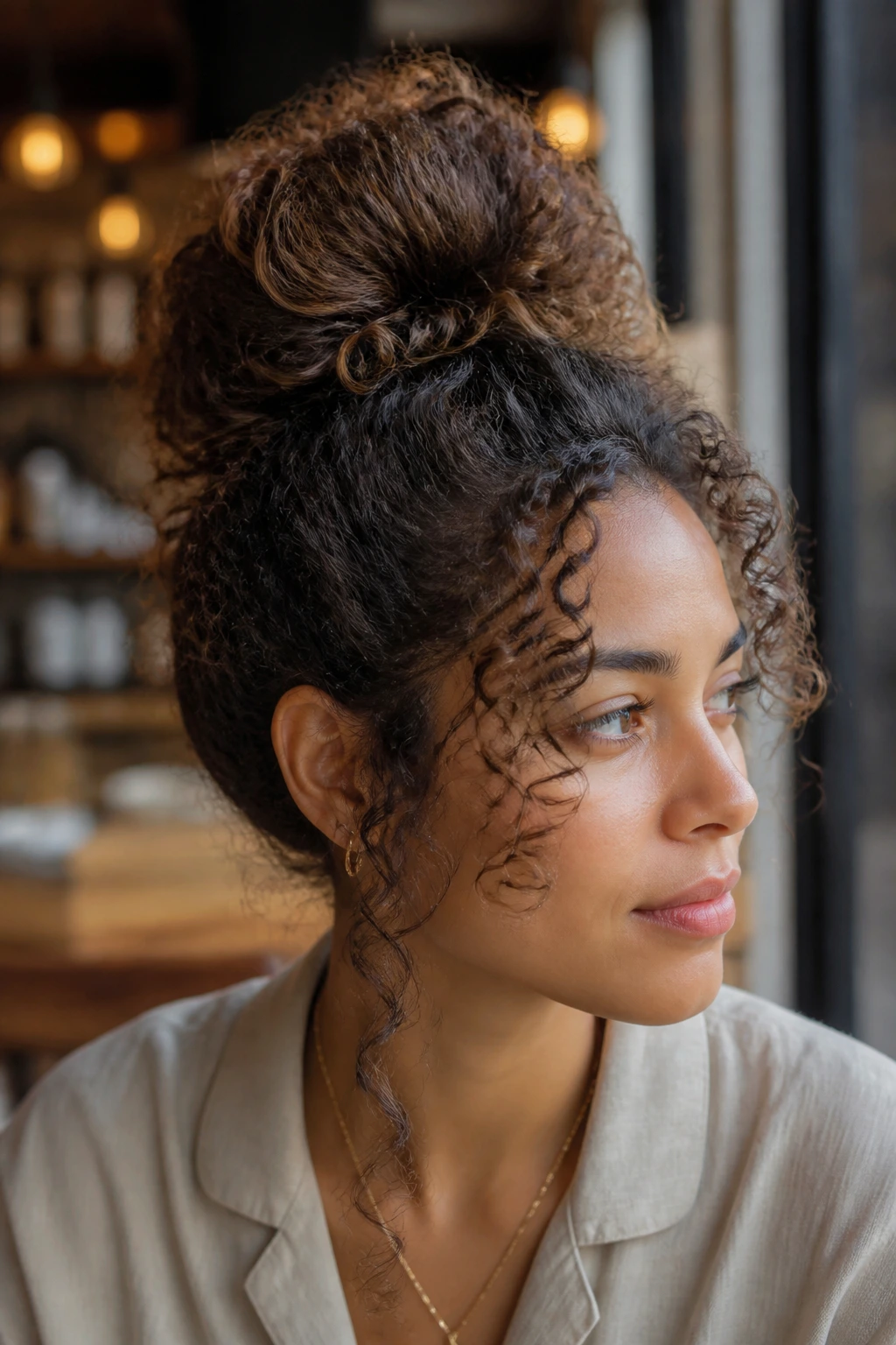 Close-up of a real woman wearing a fluffy donut bun with curls around the base