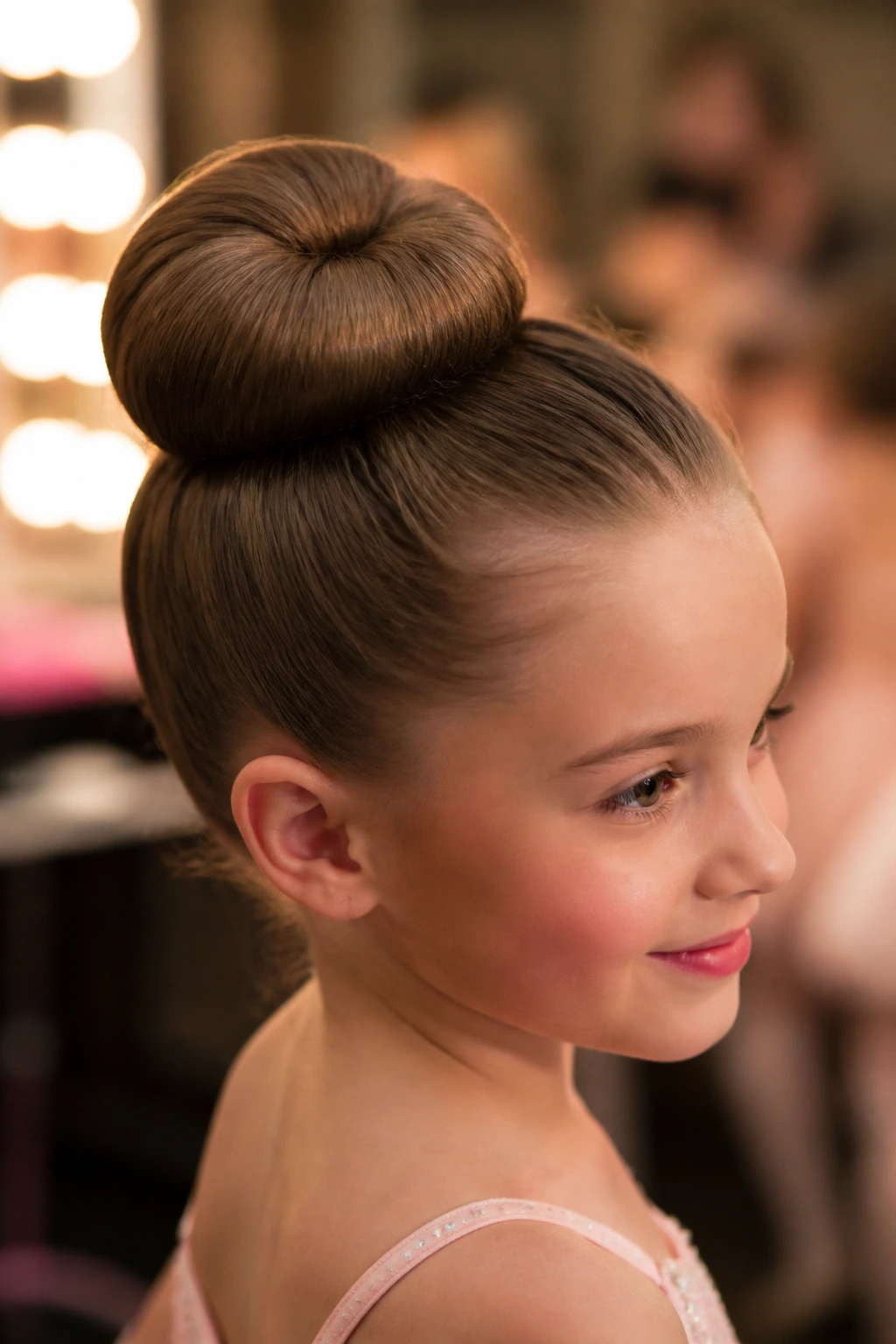 Head-and-shoulders view of a real girl's head with a donut bun