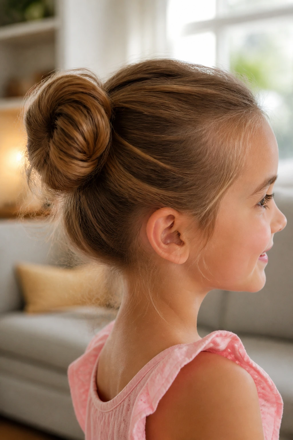 Close-up of a young girl's donut bun with soft ends peeking out