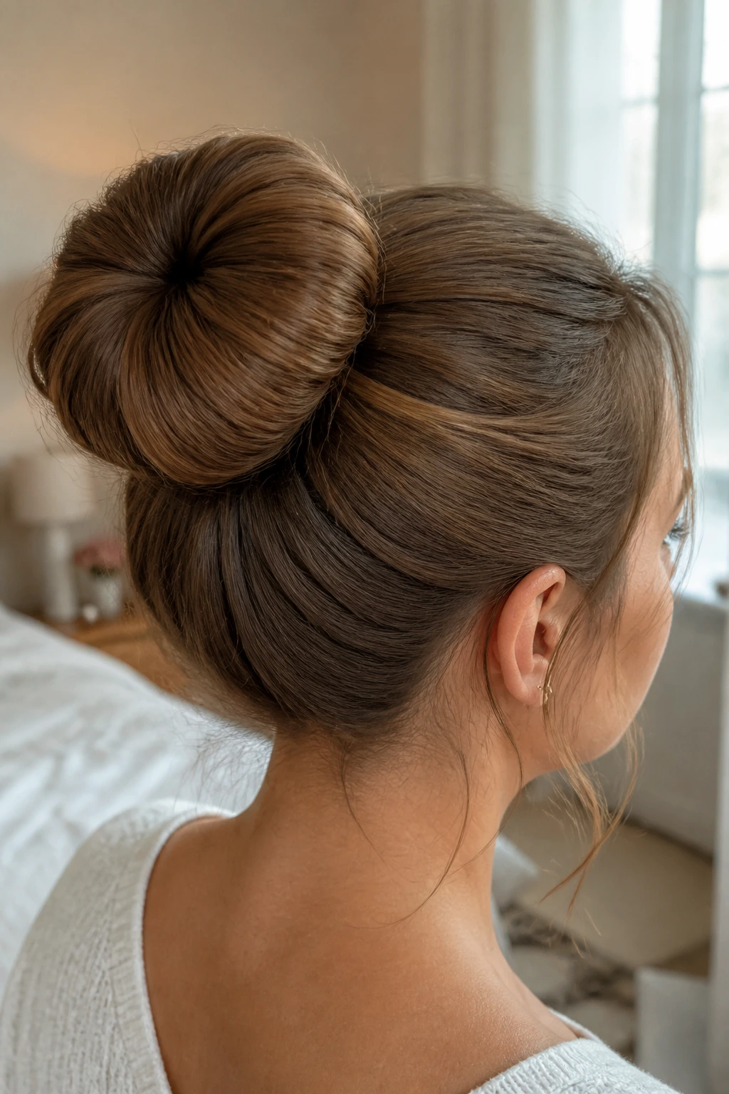 Close-up of a real woman with a round donut bun at the back of her head