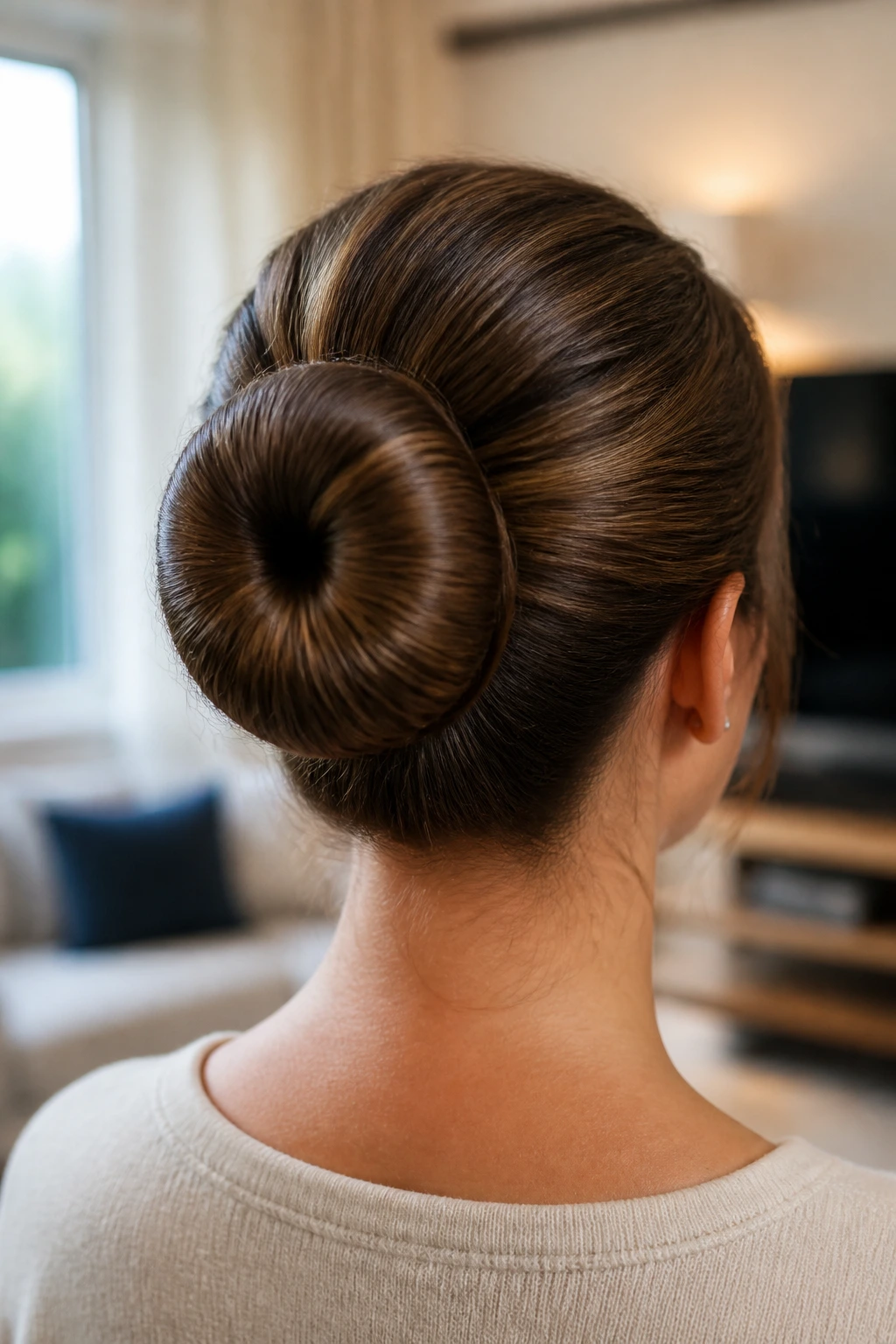 Back of head with a donut bun and wrapped ends on a real woman