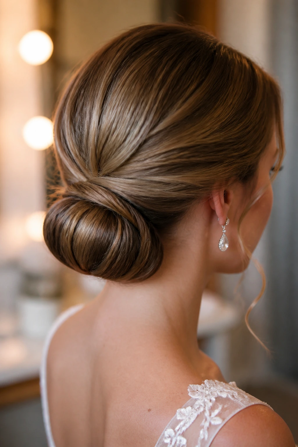 Close-up of a bride with a rolled low bun using a donut insert