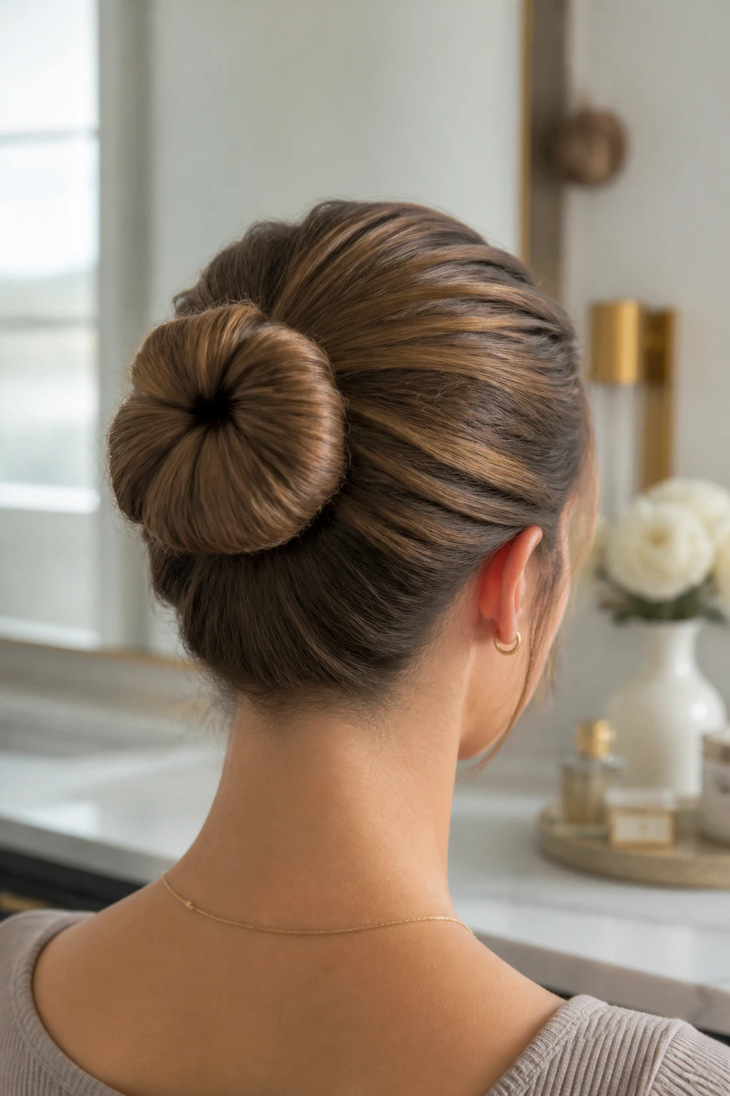 Back-side close-up of a real woman with a donut-padded bun heightening the silhouette