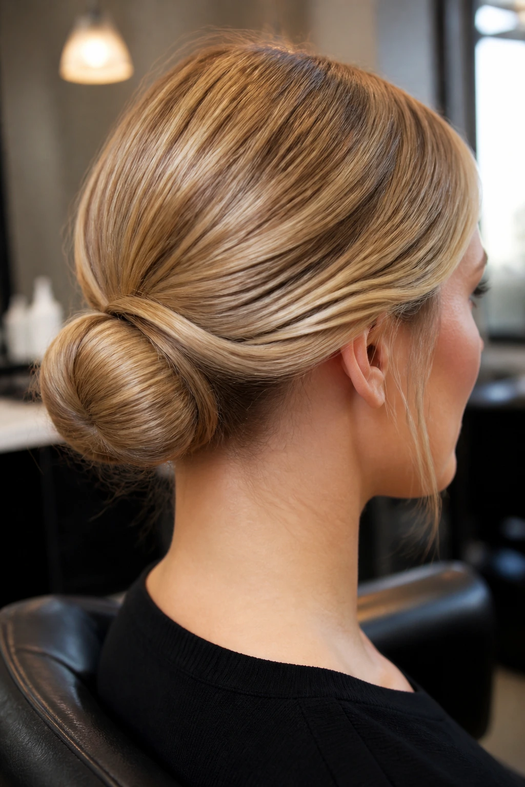 Close-up of a real woman with a donut-wrapped low bun wrapped around a hidden form