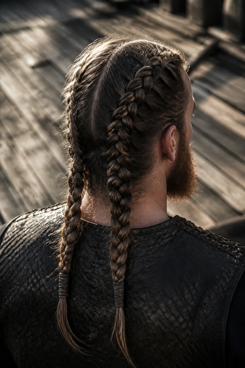 Back view of a man with two back braids in heavy long hair