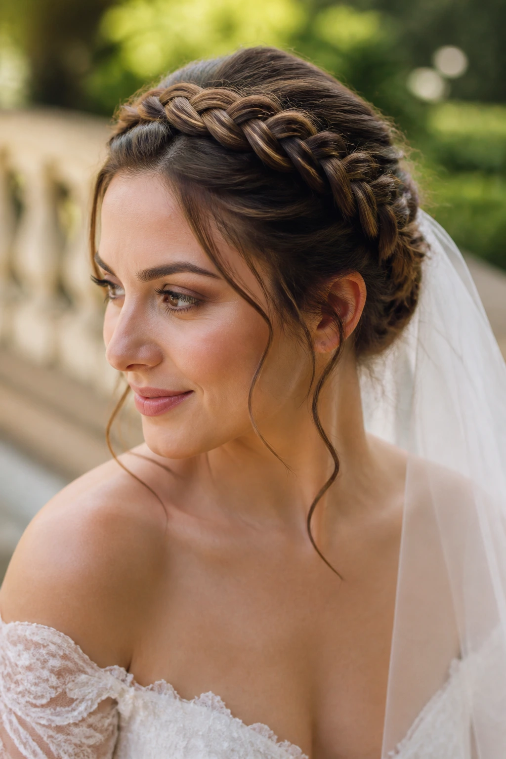 Close-up of a bride wearing a double-braid crown hairstyle
