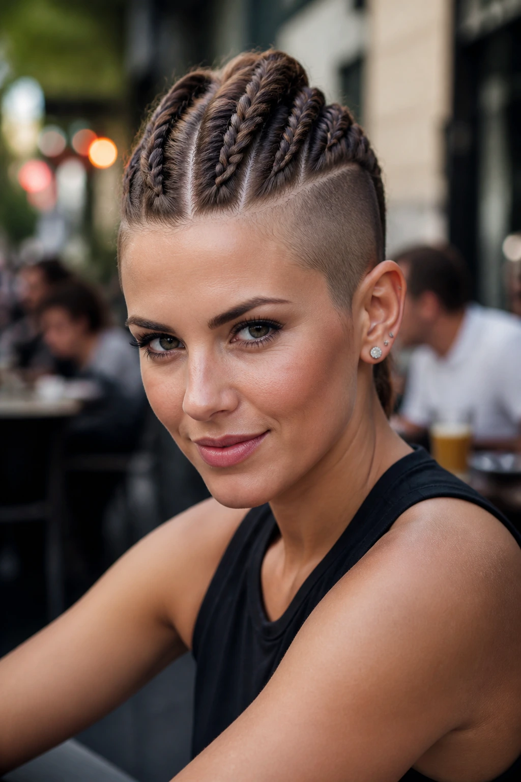 Real woman with double braids framing a central mohawk ridge