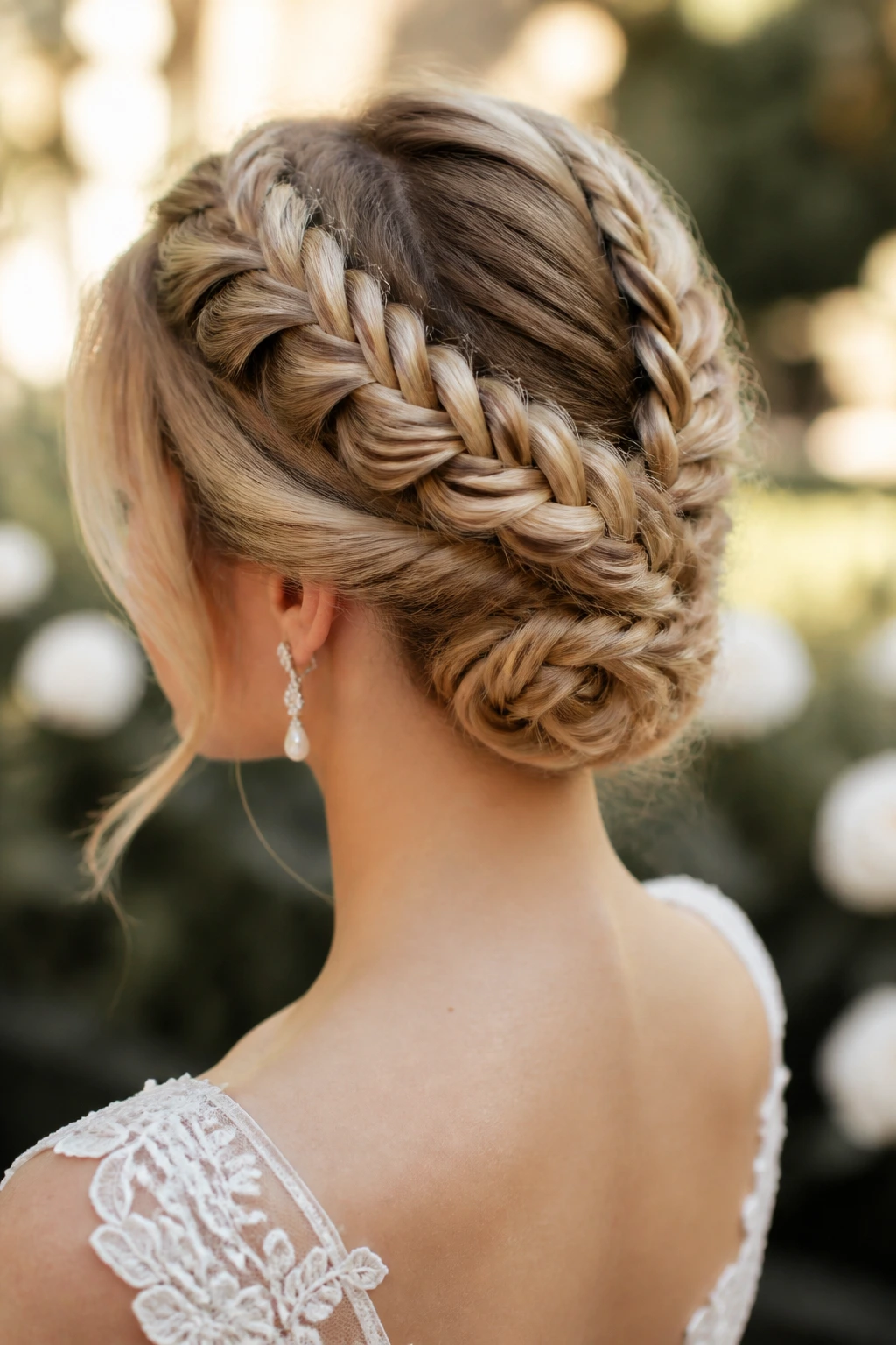 Close-up of a real bride's double-braid updo in a sunlit garden wedding