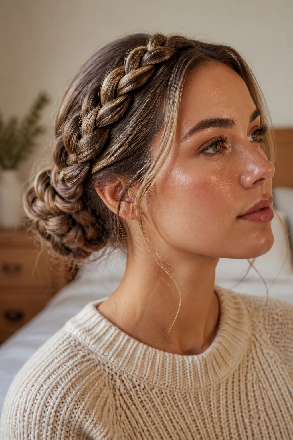 Close-up portrait of a real woman with a double braided bun, braids forming a single bun at the back