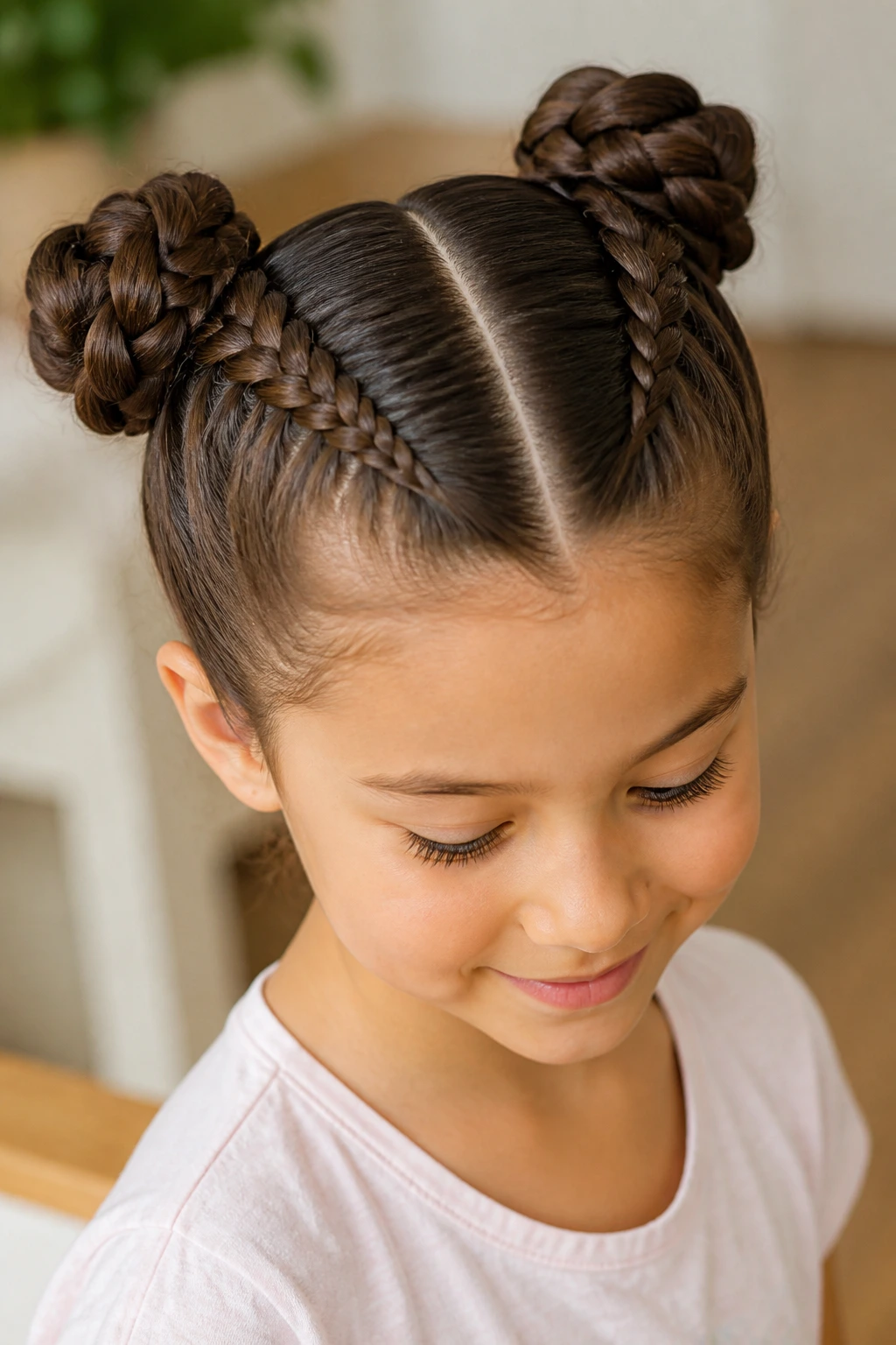 Close-up of a child with two braids forming two buns at the back