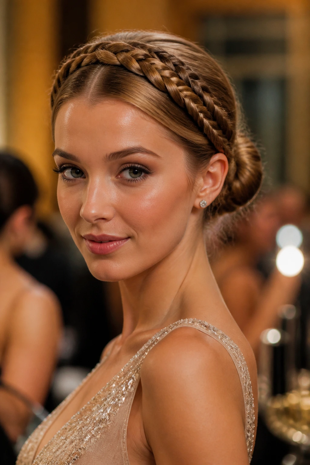 Close-up of a real woman wearing a double-braided crown hairstyle