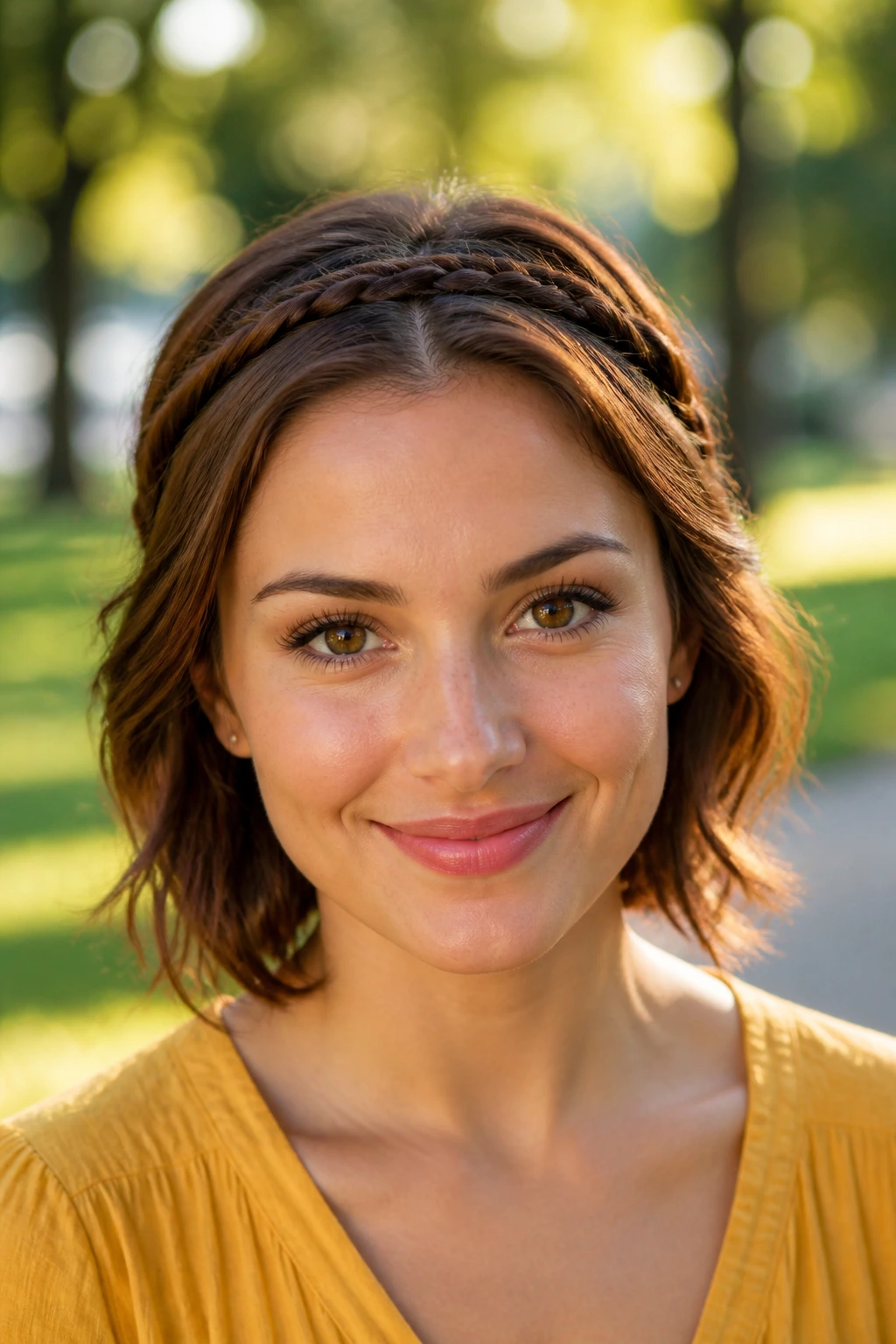 Close-up of real woman with two thin braids forming a headband across the crown.