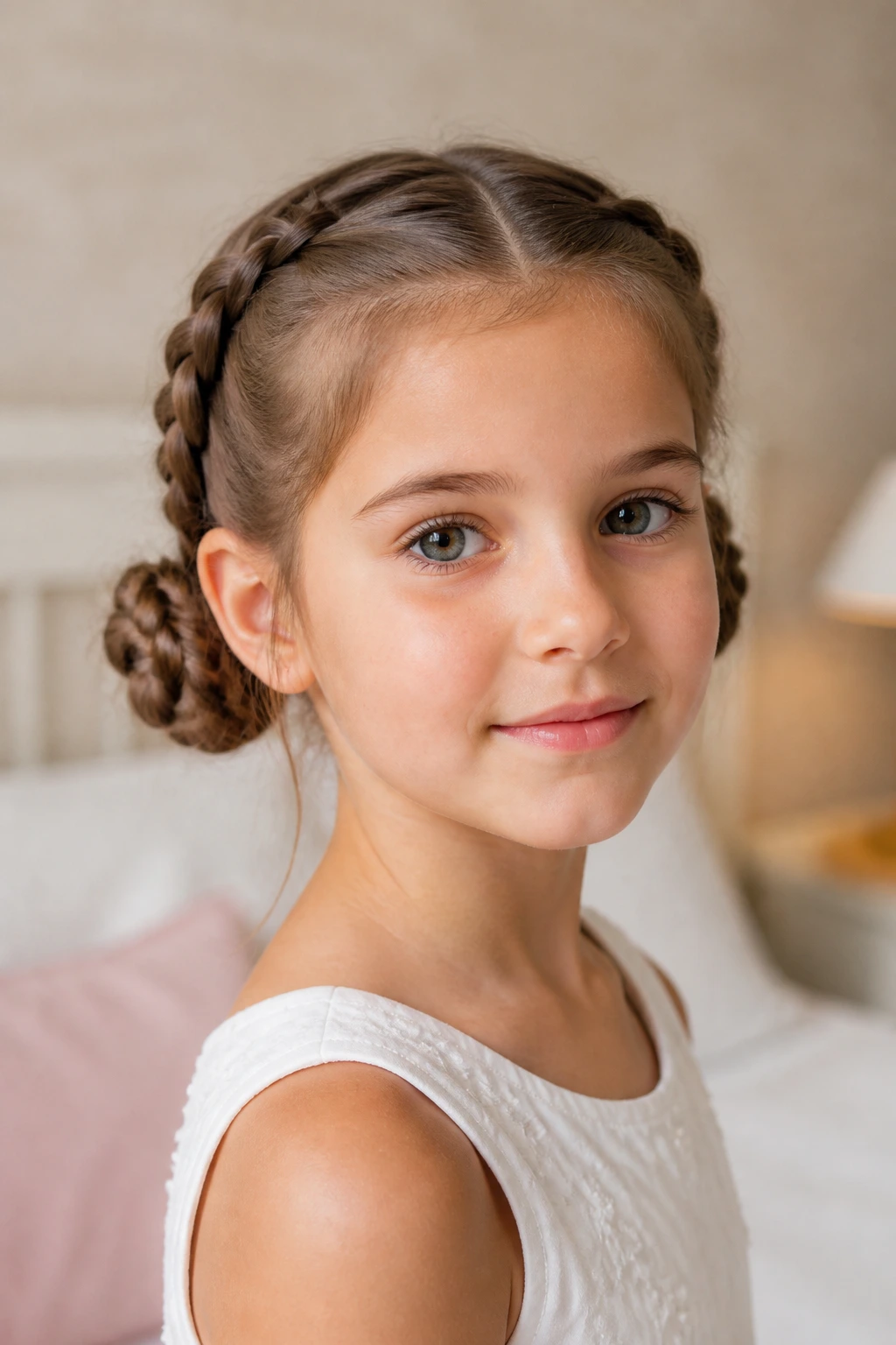 Close-up of a girl with two braids forming symmetrical buns behind the ears