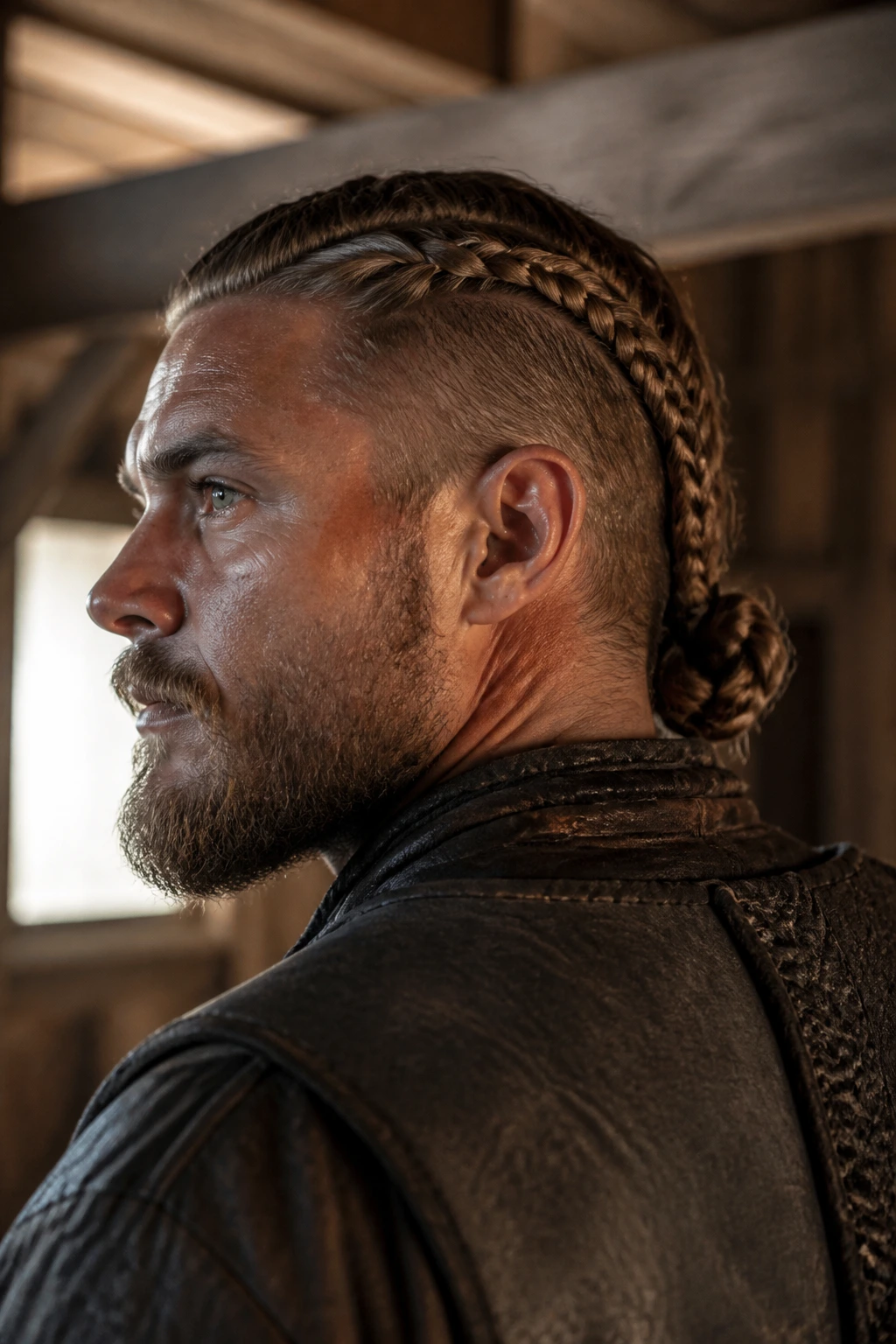 Portrait of a man with two braids forming a low knot at the back