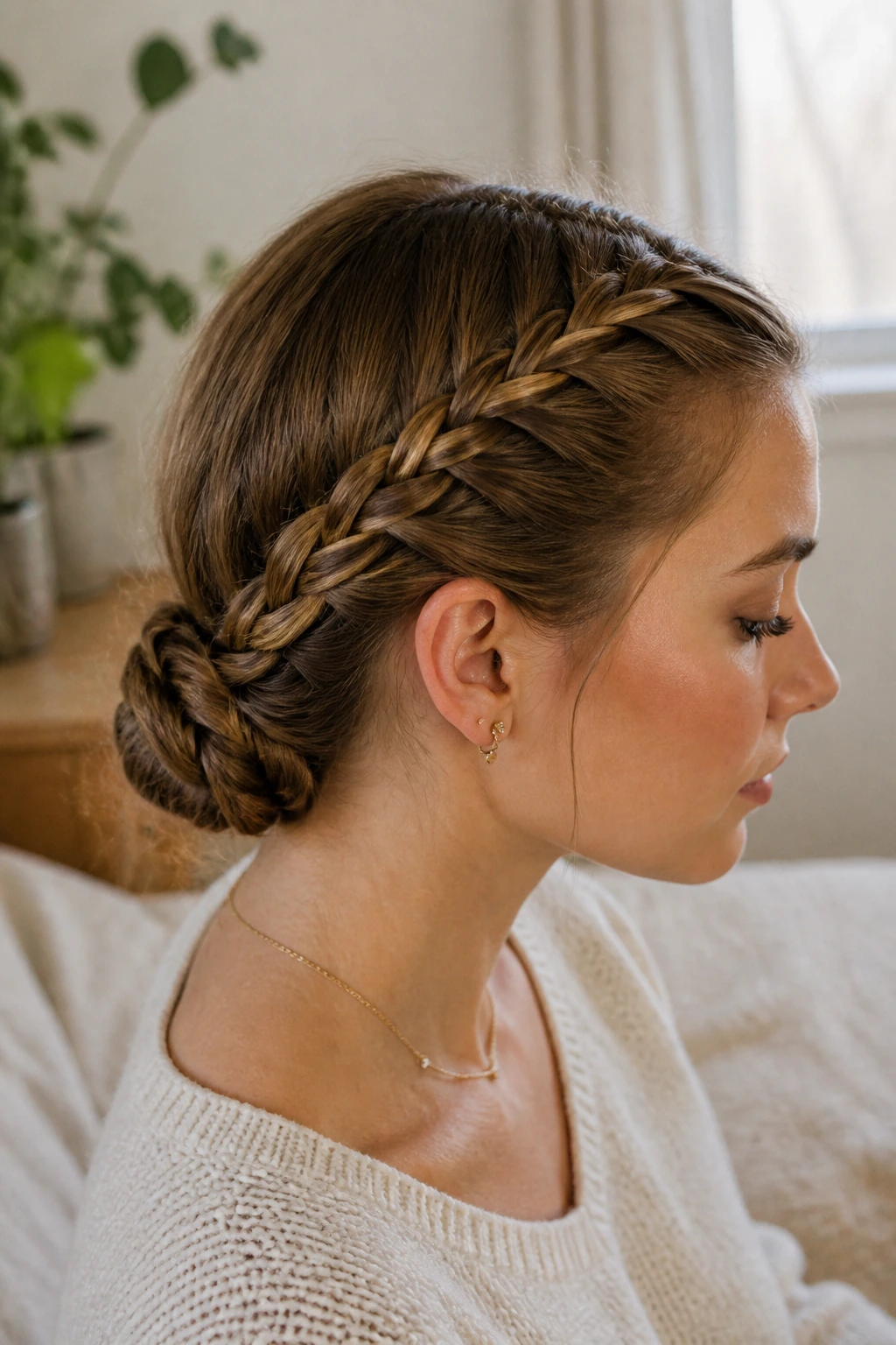 Close-up of a woman with double braids forming a low bun at the nape
