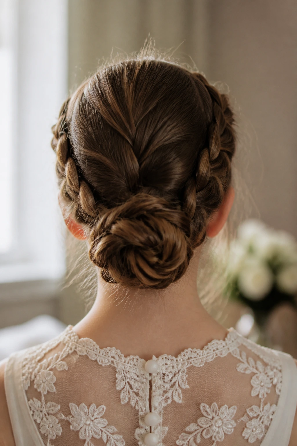 Back of a real girl’s head with double braids forming a low bun