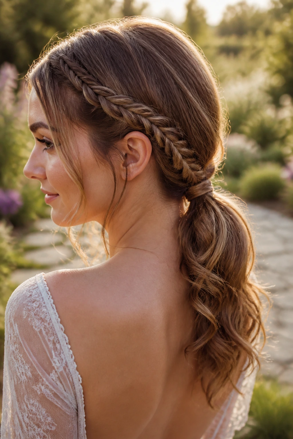 Close-up of a real bride with two slim braids merging into a low ponytail
