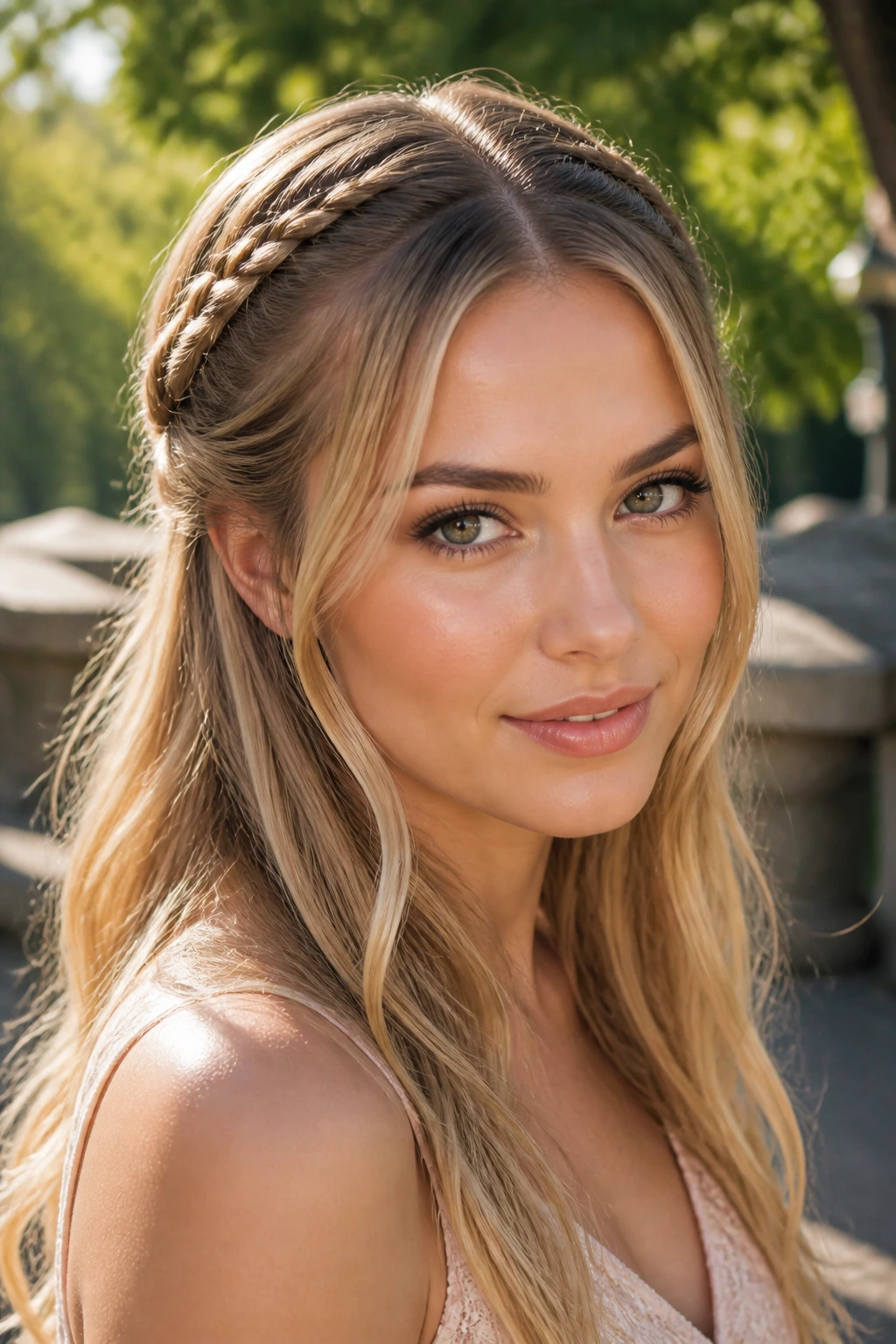 Portrait of a real woman with two front braids swept back