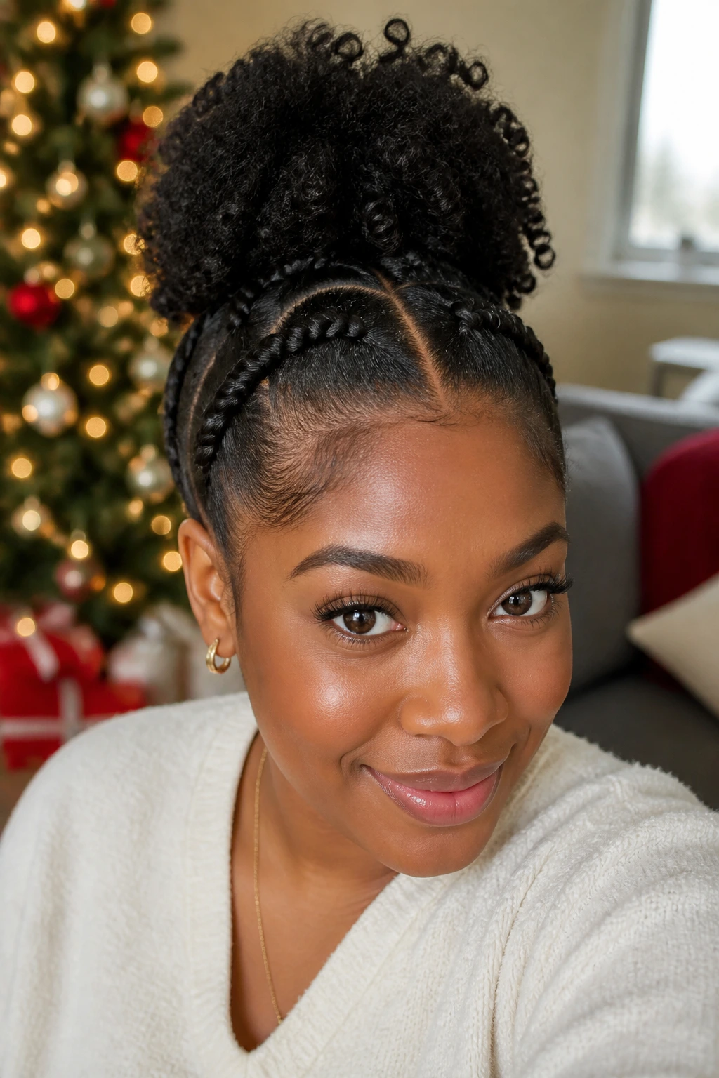 Woman with two front braids feeding into a puff hairstyle in festive living room.