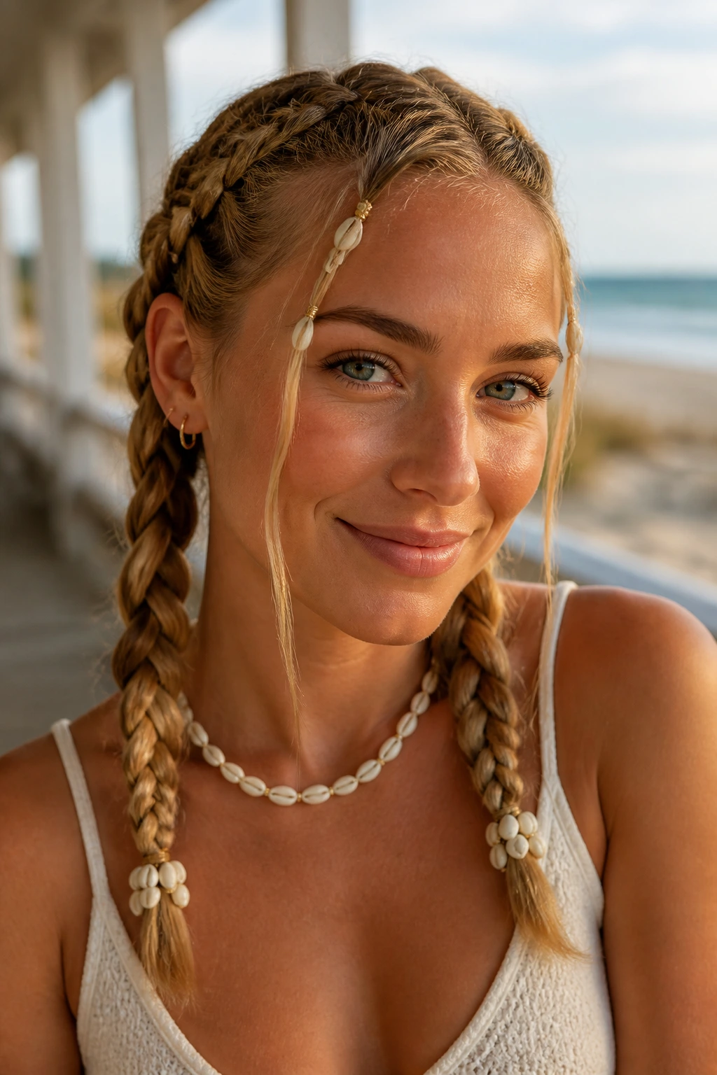 Close-up of warm blonde double braids with shell beads