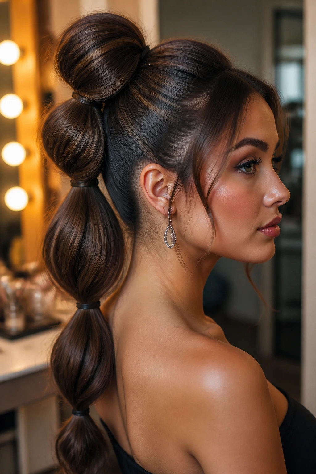 Close-up of a real woman with a double-bubble ponytail, dramatic top bubbles