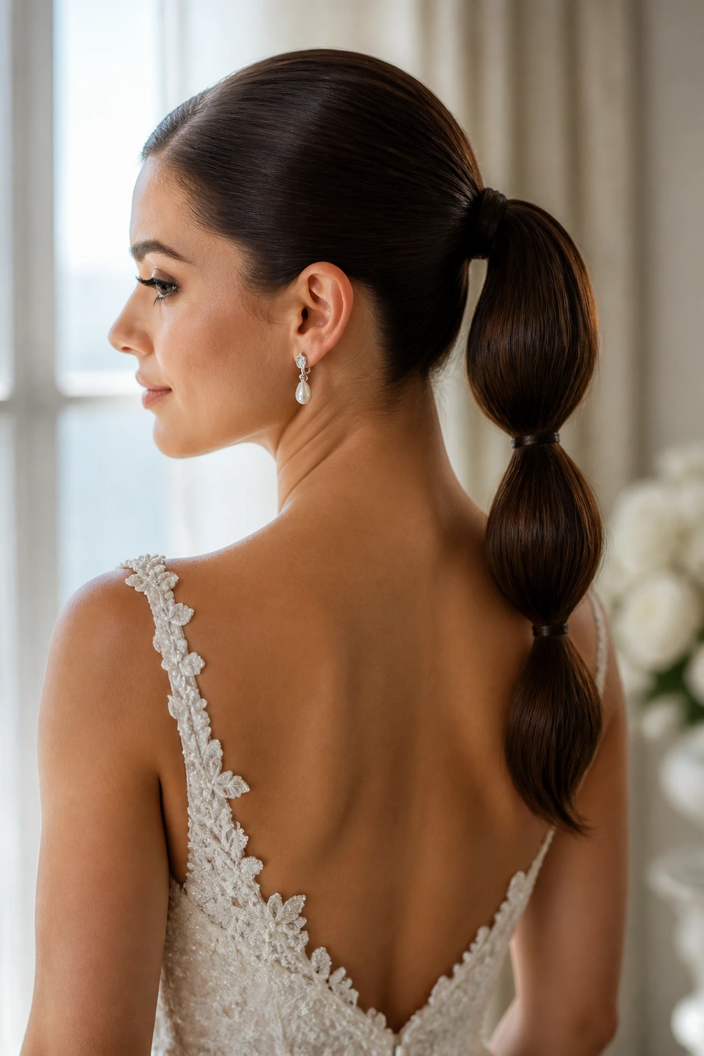 Close-up of a bride's double-bubble ponytail with two rounded sections