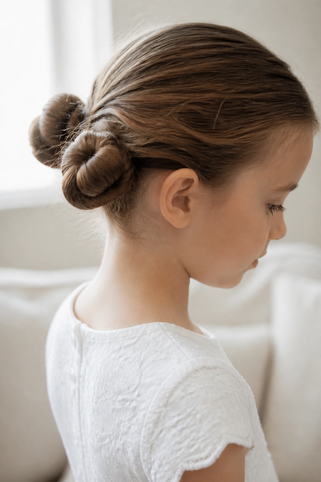 Child with two small buns at the back of the head showing a variation for First Communion
