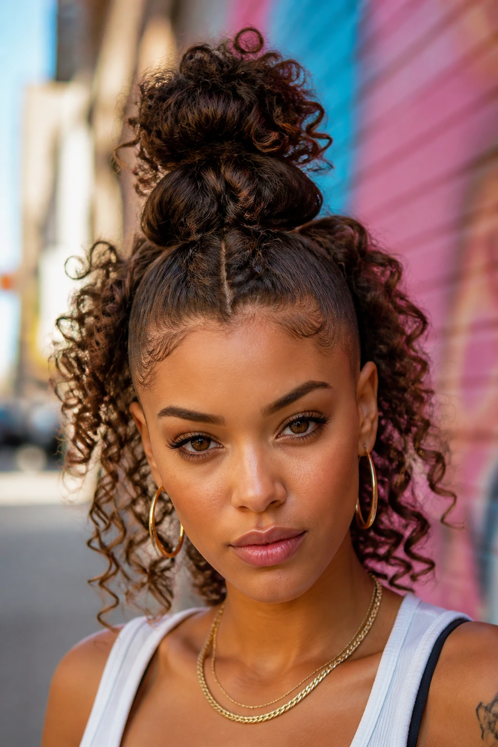 Close-up of a real woman with Double-Bun Hawk hairstyle featuring two buns along center line
