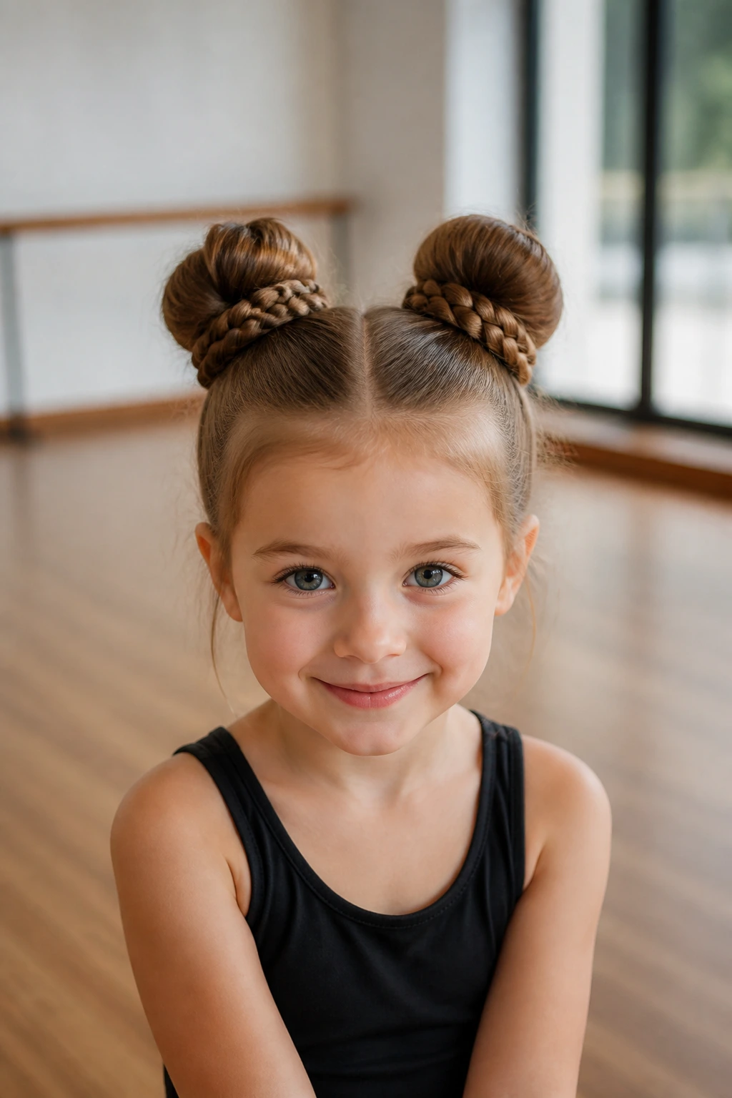 Front-view of a girl with double buns and braided bases