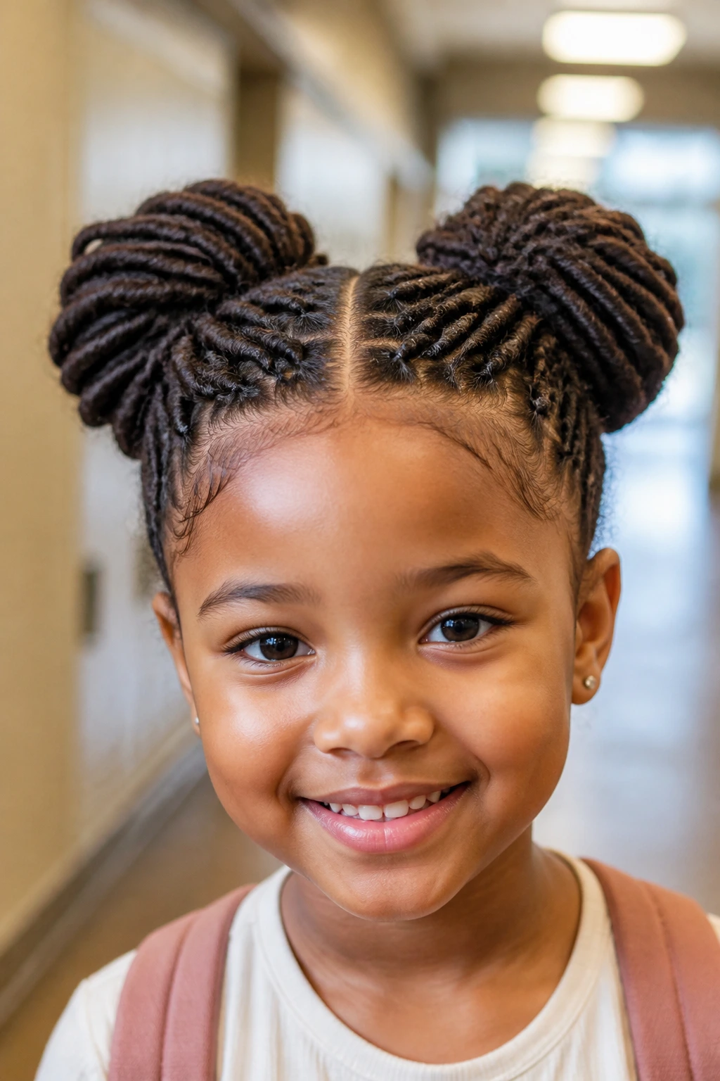 Close-up of a real child with center-part and two large buns