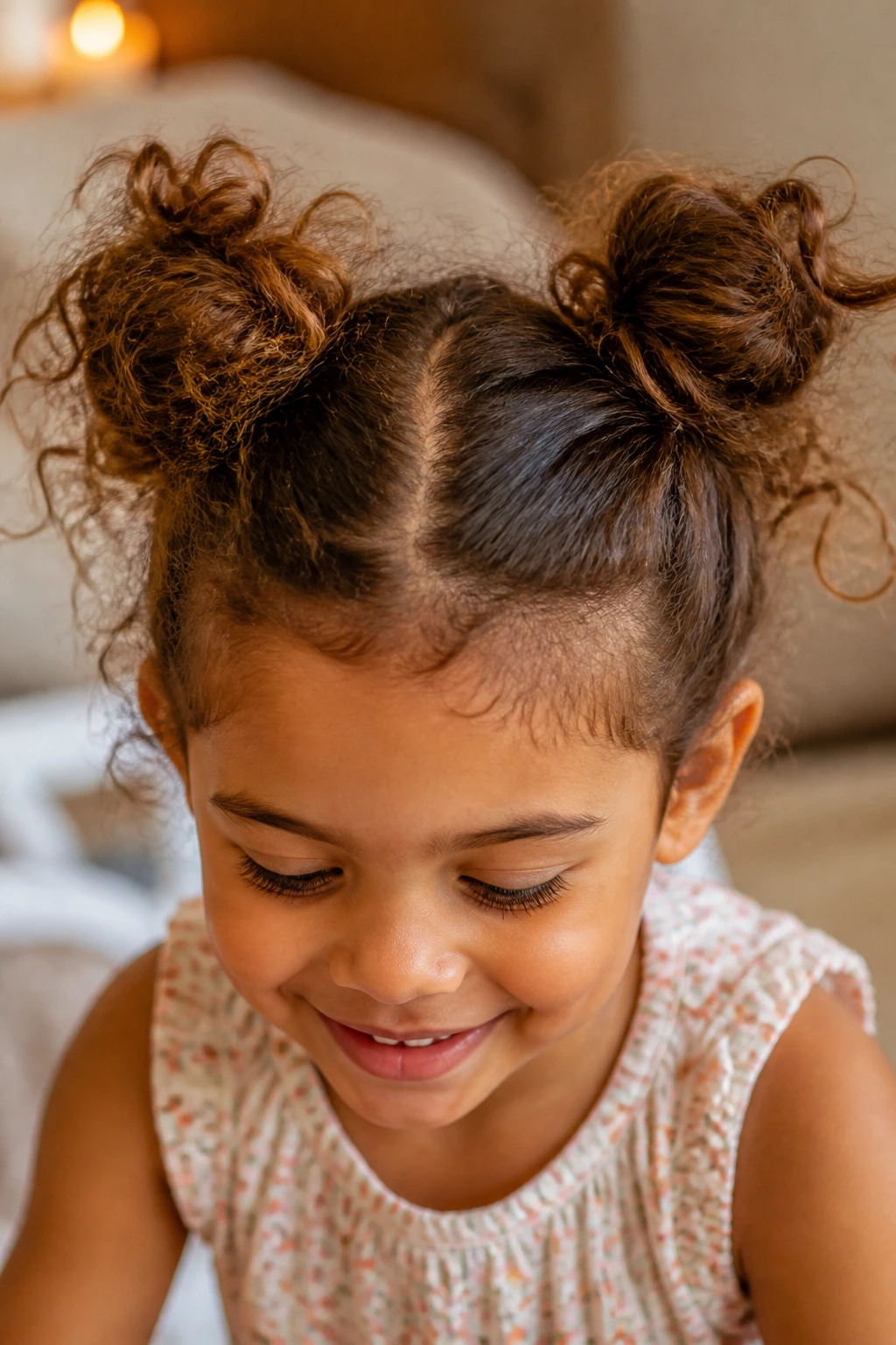 Close-up of a child with two top buns showing bun variations for different hair types