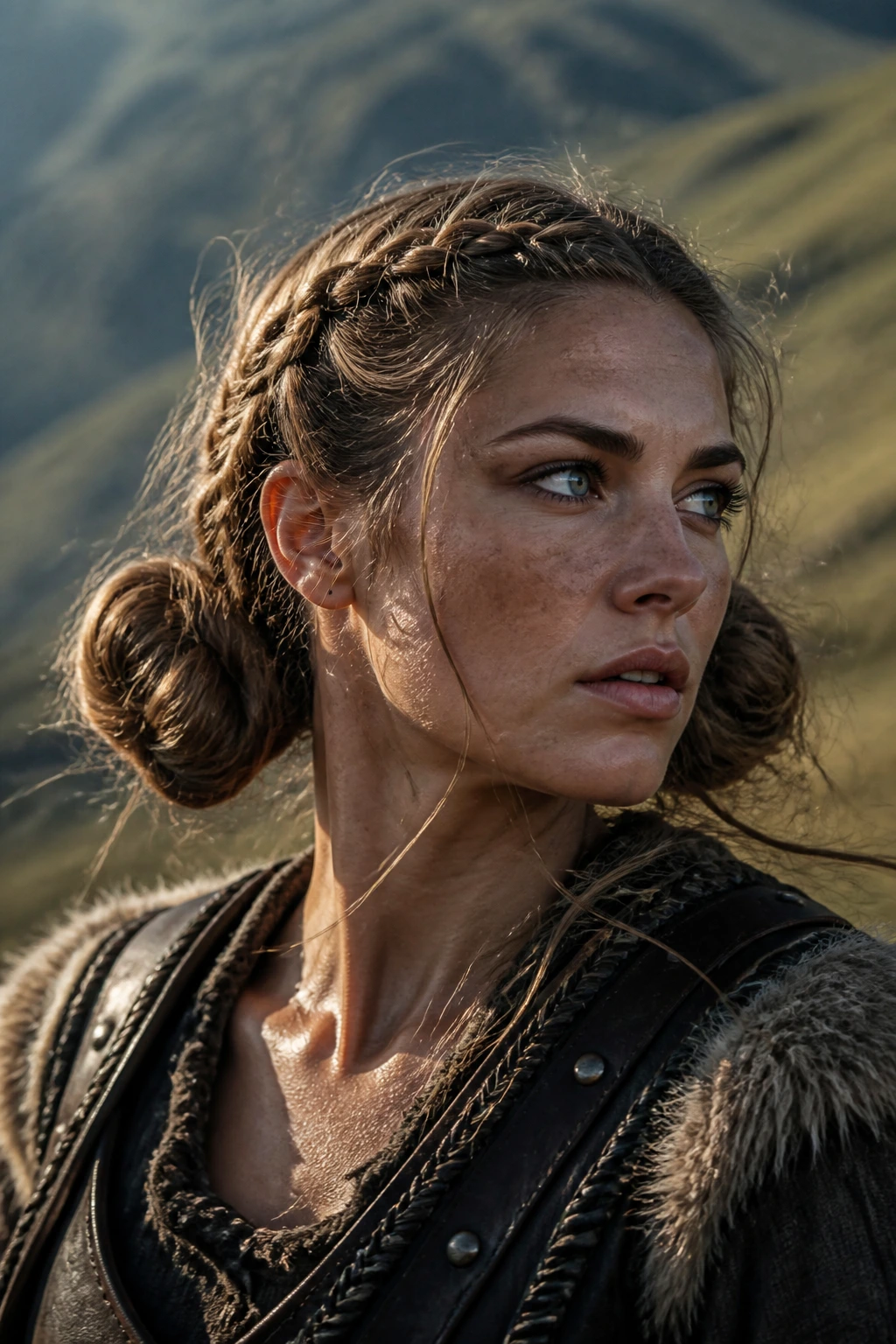 Close-up of a real woman with two low, slightly messy buns and braids for a shieldmaiden look.